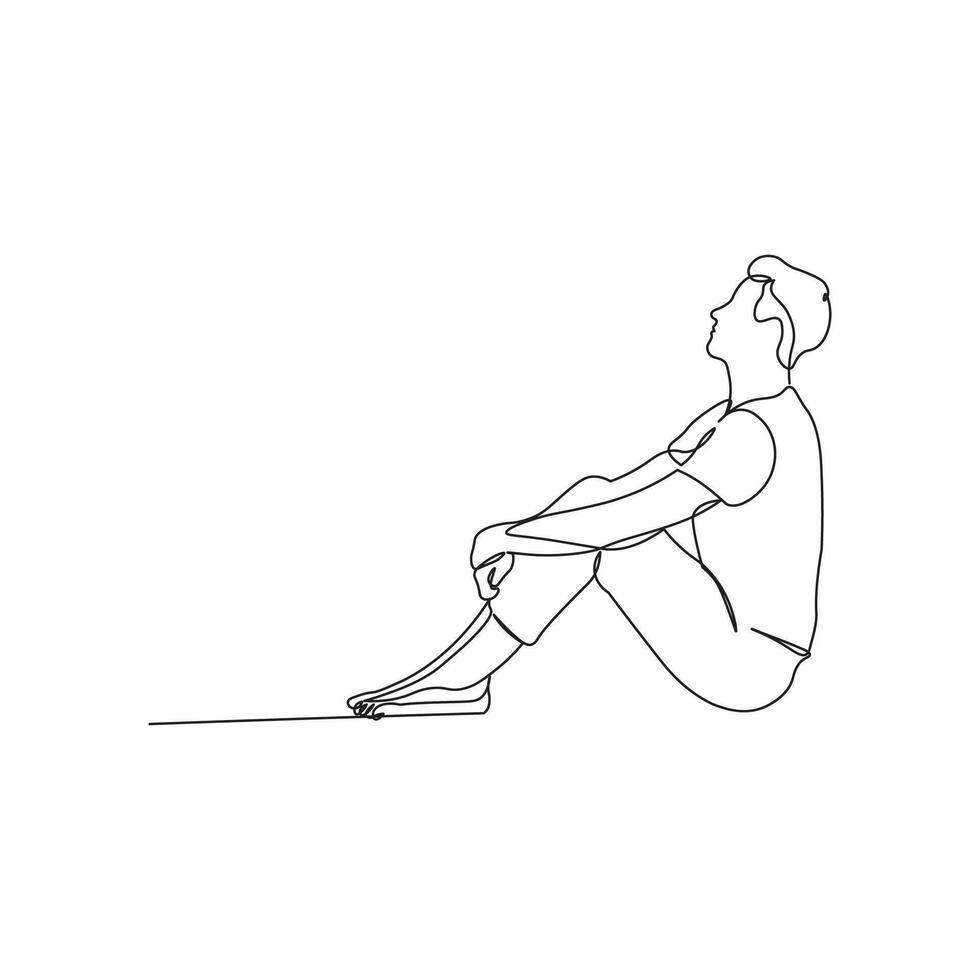 A man sits on the floor sketch in continuous line drawing style. Minimalist black linear sketch isolated on white background. vector