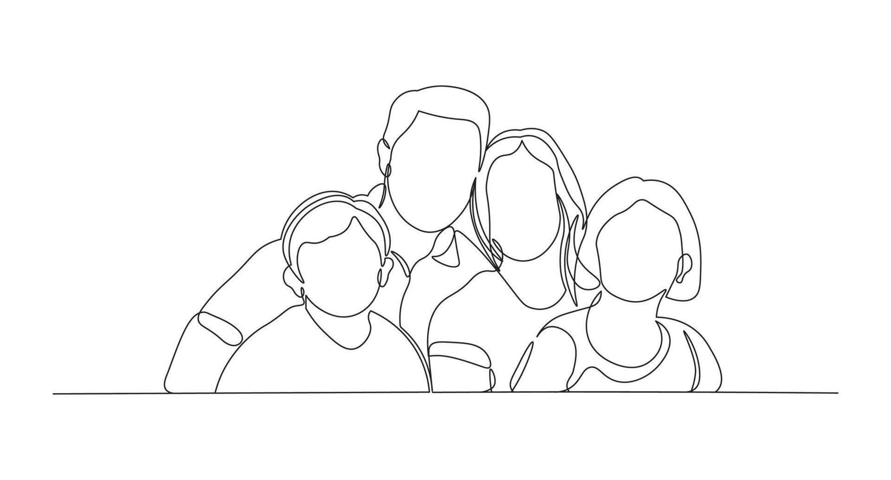 Happy family with two children in continuous line drawing style. United family portrait of parents with their daughter and son black linear sketch isolated on white background. vector