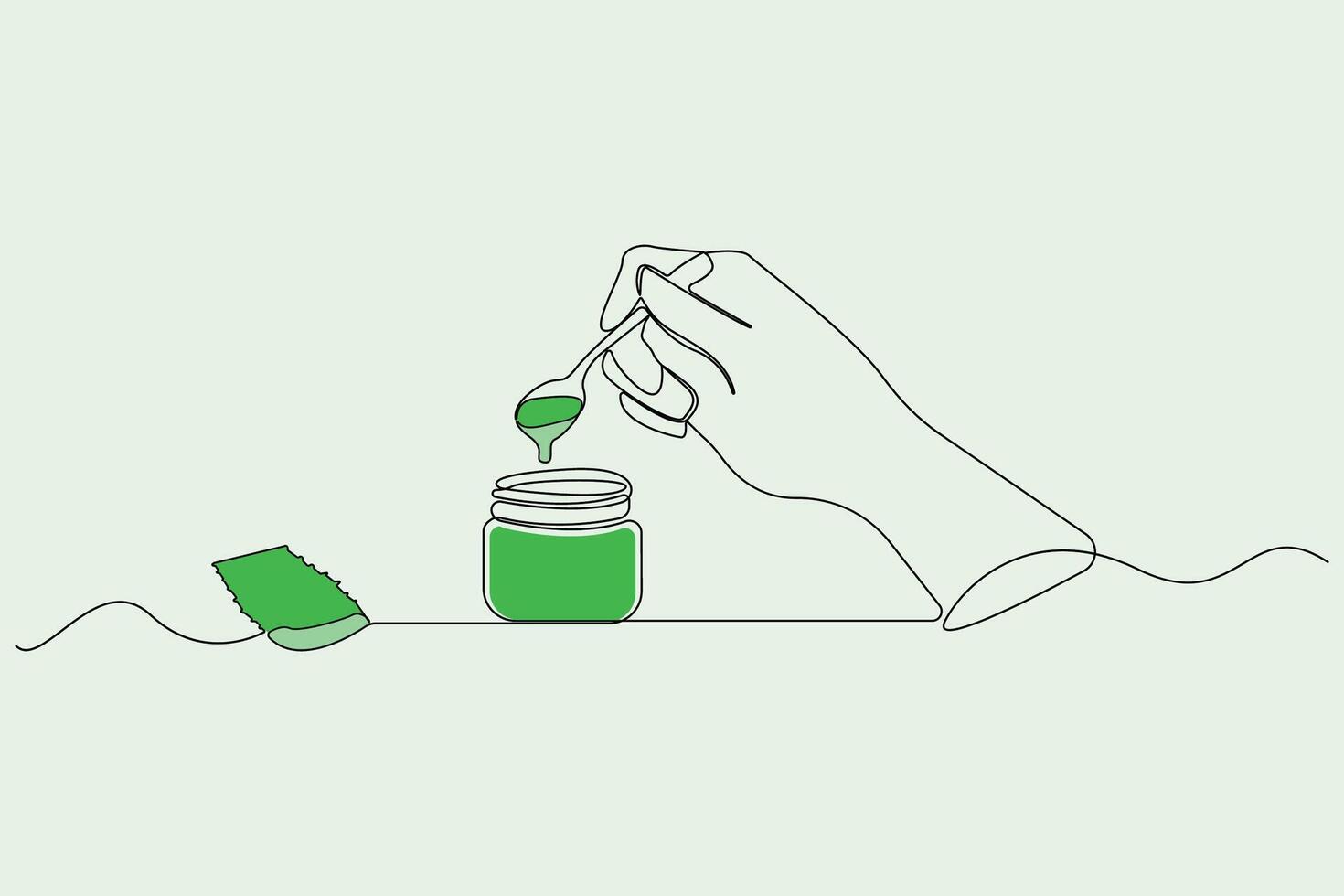 Pouring aloe vera gel from leaf one-line art drawing. vector