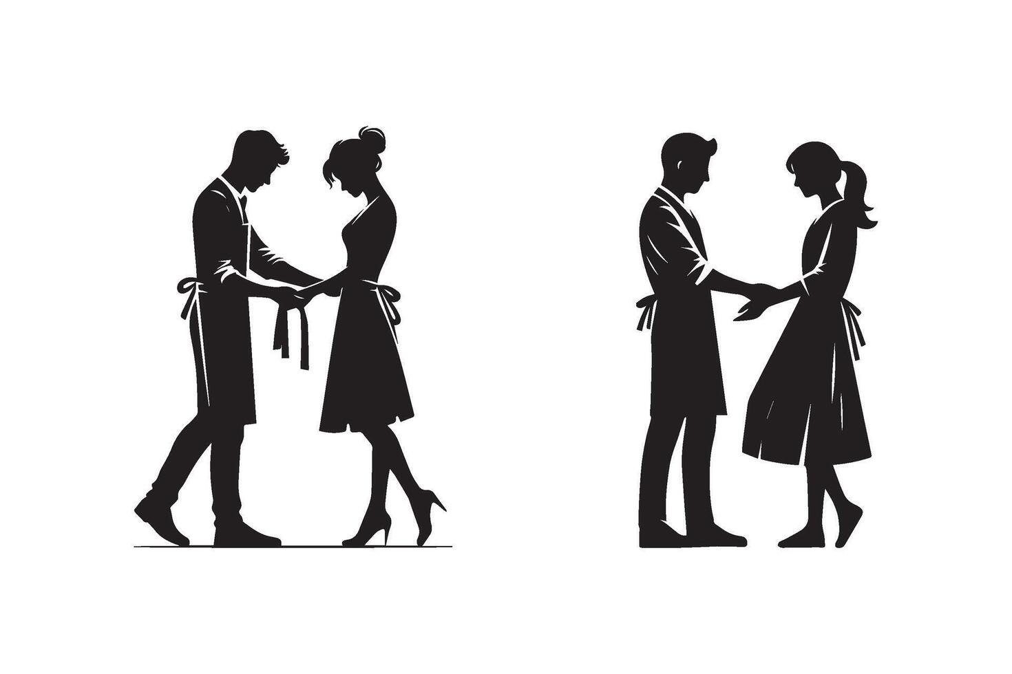 Set of couple wearing apron silhouette on white background. vector