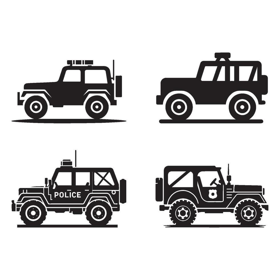 Set of Police jeep silhouette on white background. vector