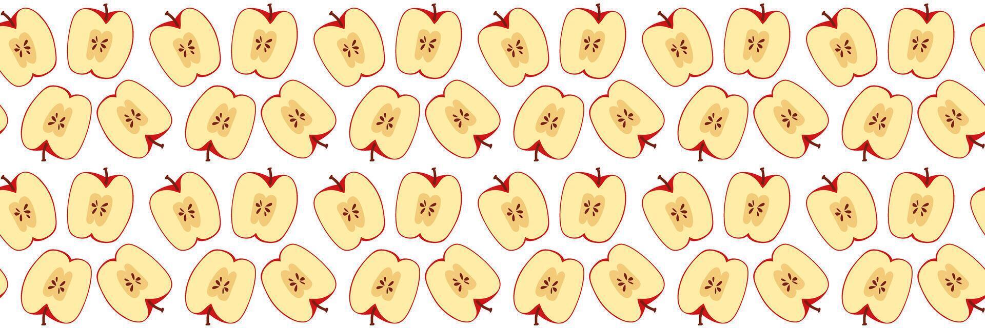 Seamless pattern with red apple. Sliced in half showing pit of an apple. Summer and autumn garden background. Perfect for textile, menu, packaging, kitchen design. Flat illustration vector