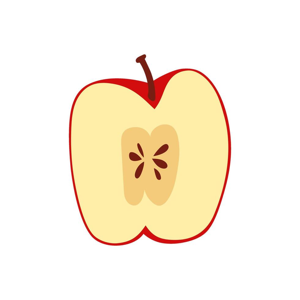 Simple half full red apple on white background. Hand drawn icon fruit with green lives. Farm and agriculture, organic food. Flat illustration for packaging, branding, menu, recipe. vector