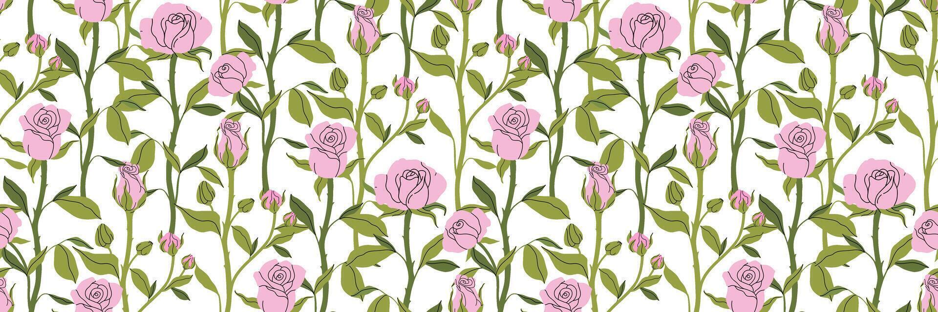 Delicate pink rose with stem and leaves, small bud. Beautiful flowers seamless pattern. Botanical spring pattern. For wallpaper, textiles. Coquette Aesthetic style. Elegant vintage illustration vector