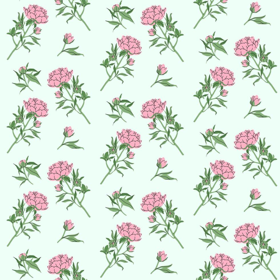 Delicate pink peony with stem and leaves, small bud on mint background. Botanical spring pattern. Minimalistic flowers seamless pattern For wallpaper, textiles, postcards. illustration. vector