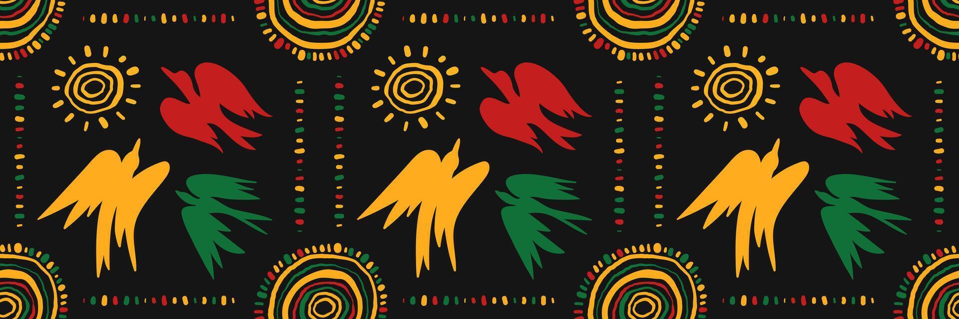 African geometric ethnic seamless pattern with hand drawn birds of freedom and curved circle. Juneteenth celebration background. Abstract elements on black background. doodle illustration. vector