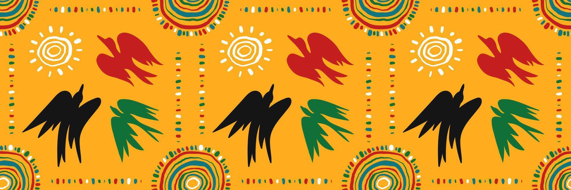 African geometric ethnic seamless pattern with hand drawn birds of freedom and curved circle. Juneteenth celebration background. Abstract horizontal background. doodle illustration. vector