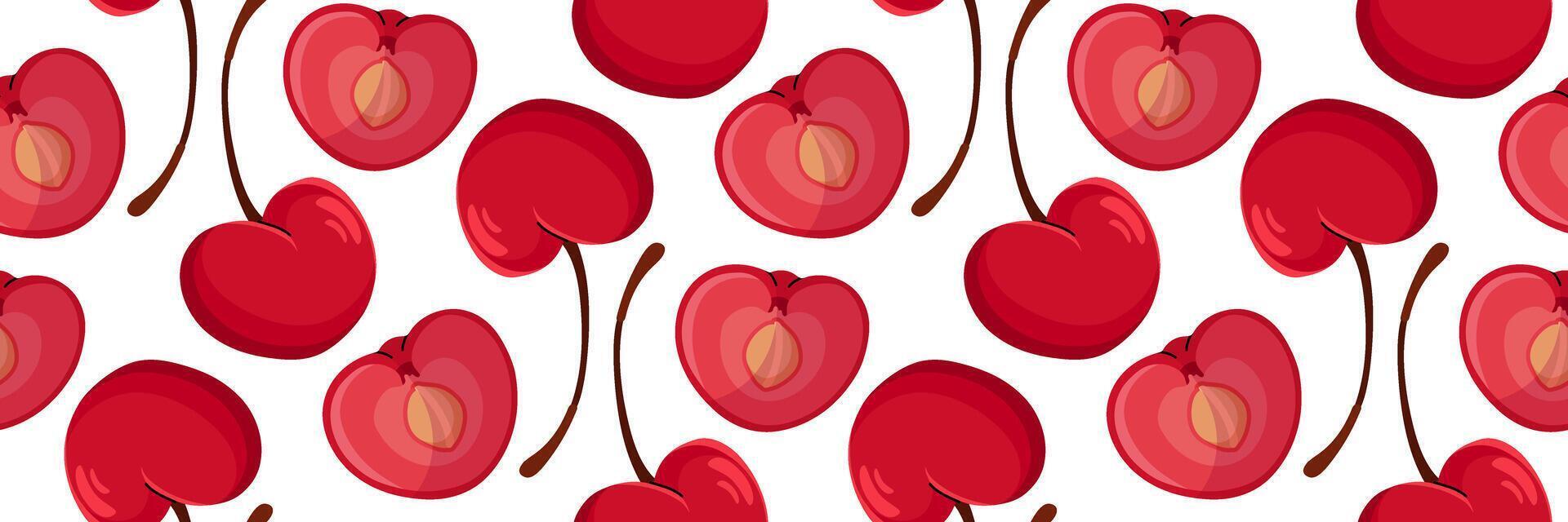 Red cherry Seamless pattern. Whole and one sliced in half showing pit. Spring garden background. Perfect for textile, menu, packaging, kitchen design. Cartoon illustration. vector