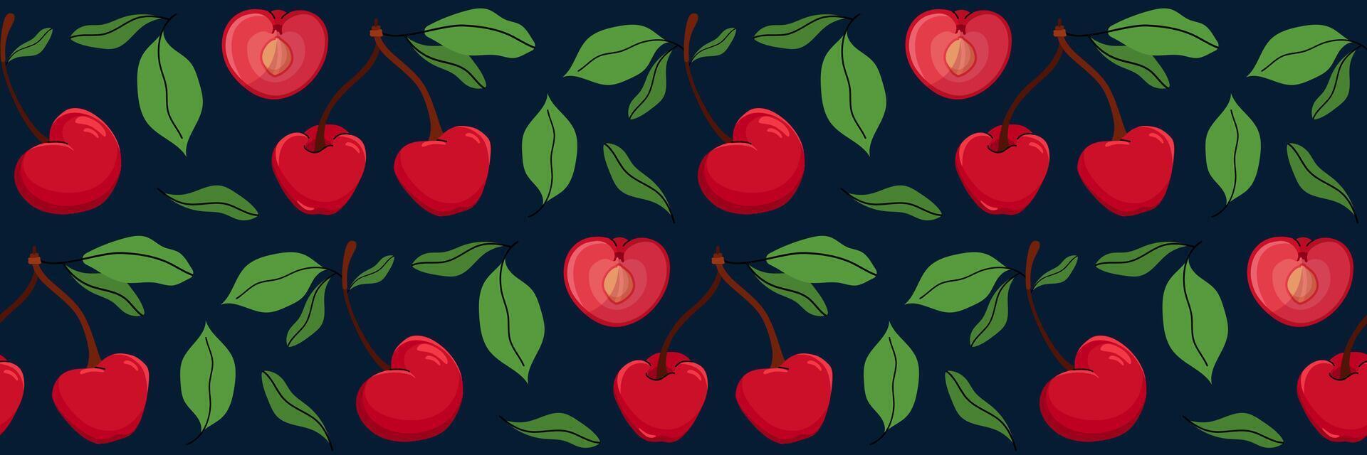 Seamless pattern with cherry on dark background. Whole berry and sliced in half showing pit. Spring garden background with foliage. Perfect for textile, menu, packaging, recipe. illustration. vector