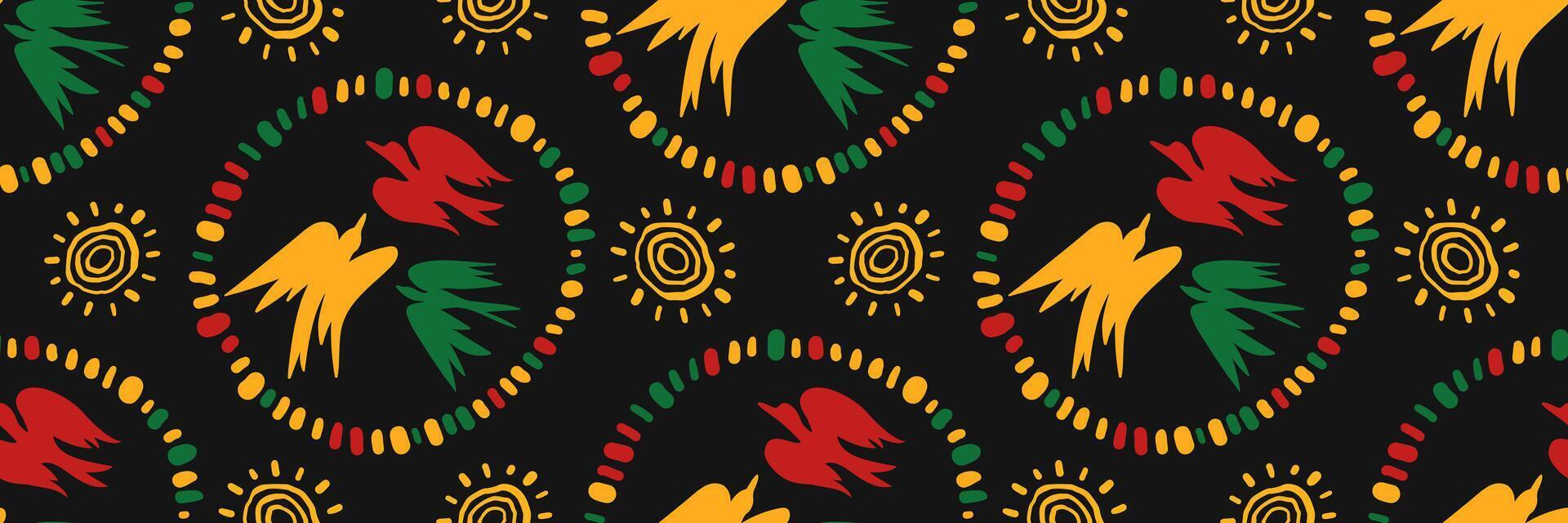 African Abstract ethnic seamless pattern with hand drawn birds of freedom and color circle. Geometric horizontal background. Juneteenth celebration background. doodle illustration. vector