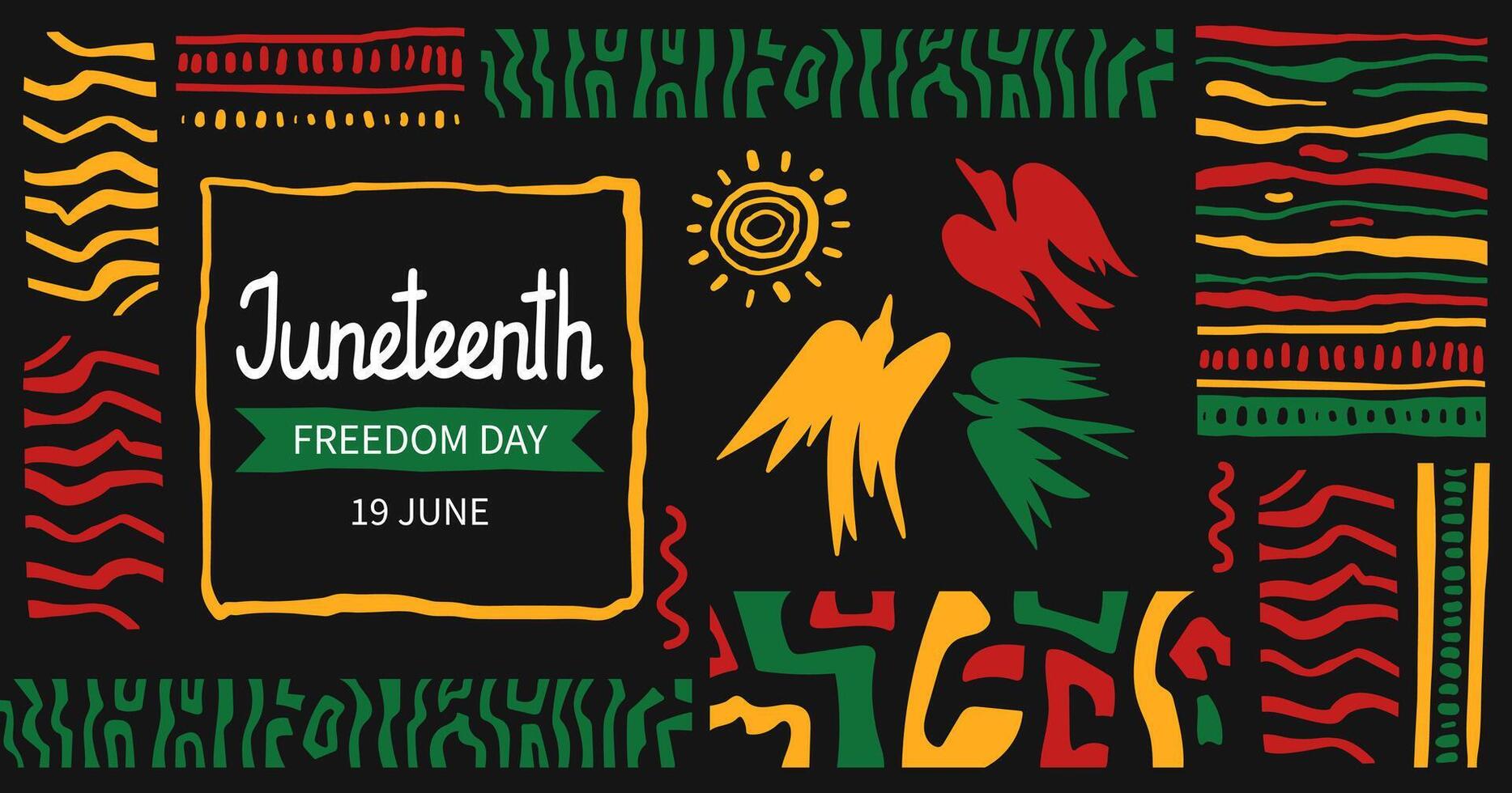 Juneteenth celebration horizontal banner template. Abstract background with ethnic ornament and bird of freedom. curved drawn stripes. African-American Independence Day. doodle illustration. vector