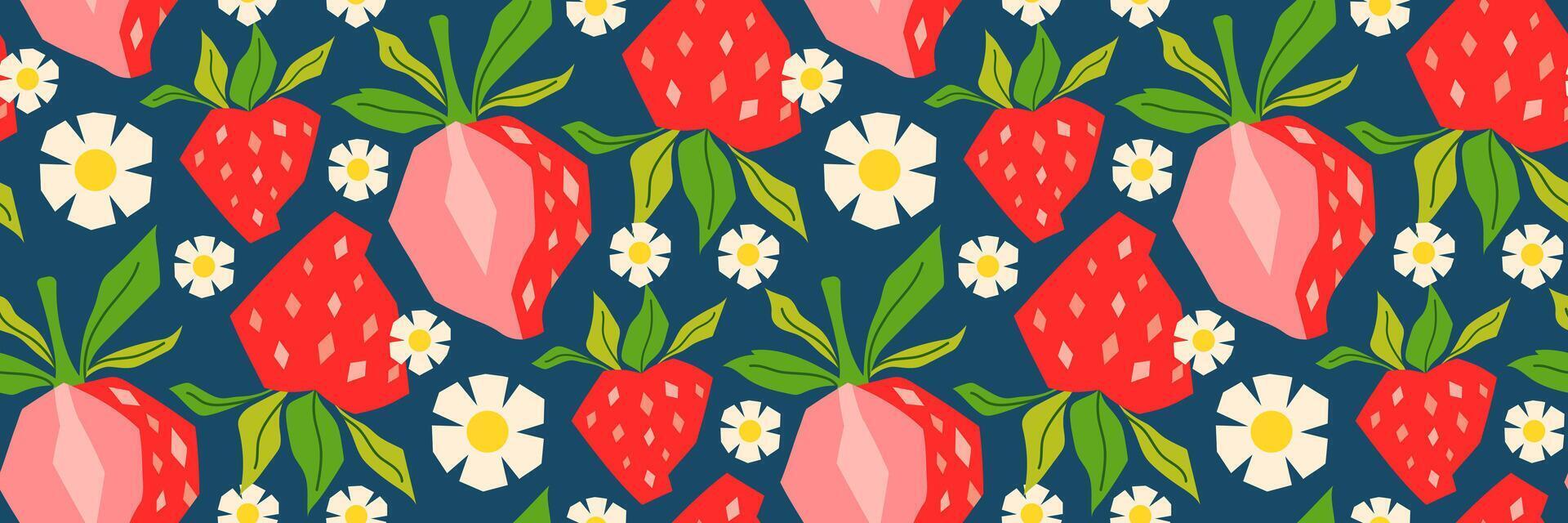 Summer geometric strawberry seamless pattern. Berry, green leaves, and daisy on blue background. Perfect for textiles, packaging, seasonal menu, summer cocktail. flat illustration. vector