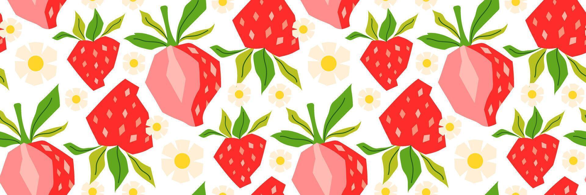 Summer geometric strawberry seamless pattern. Berry, green leaves, and daisy on white background. Perfect for textiles, packaging, seasonal menu, summer cocktail. flat illustration. vector