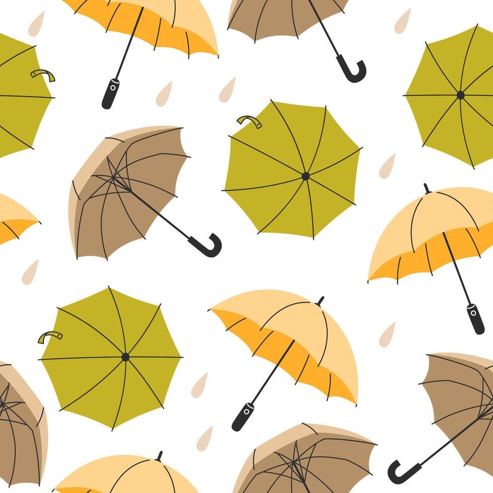 Seamless Pattern of Autumn Coloured Umbrellas with Raindrops in Flat Style on White Background vector
