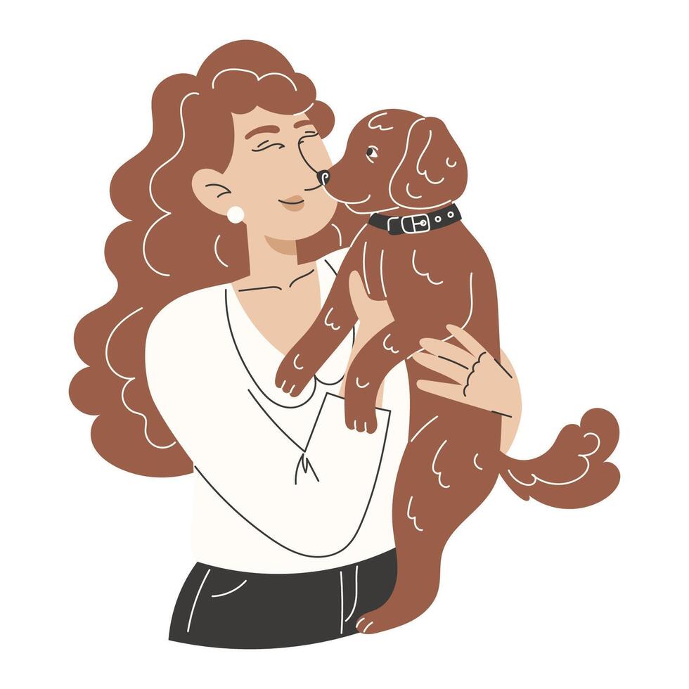 Flat Style Illustration of a Young Girl Hugging Her Chocolate American Water Spaniel for National Dog Day Greeting Card vector