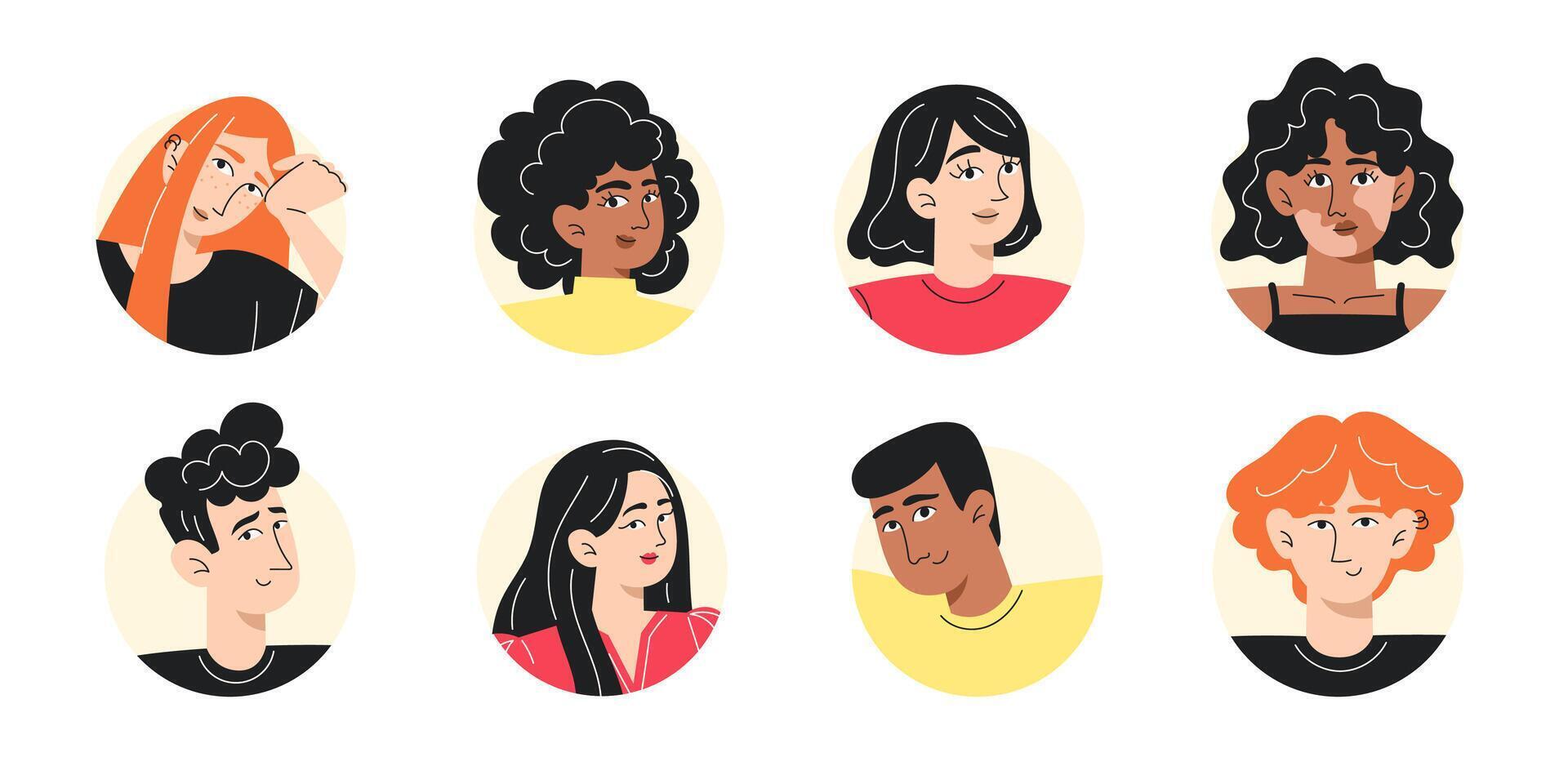 Collection of Diverse User Avatar Icons, Flat Style Portraits of People of Different Races and Genders vector