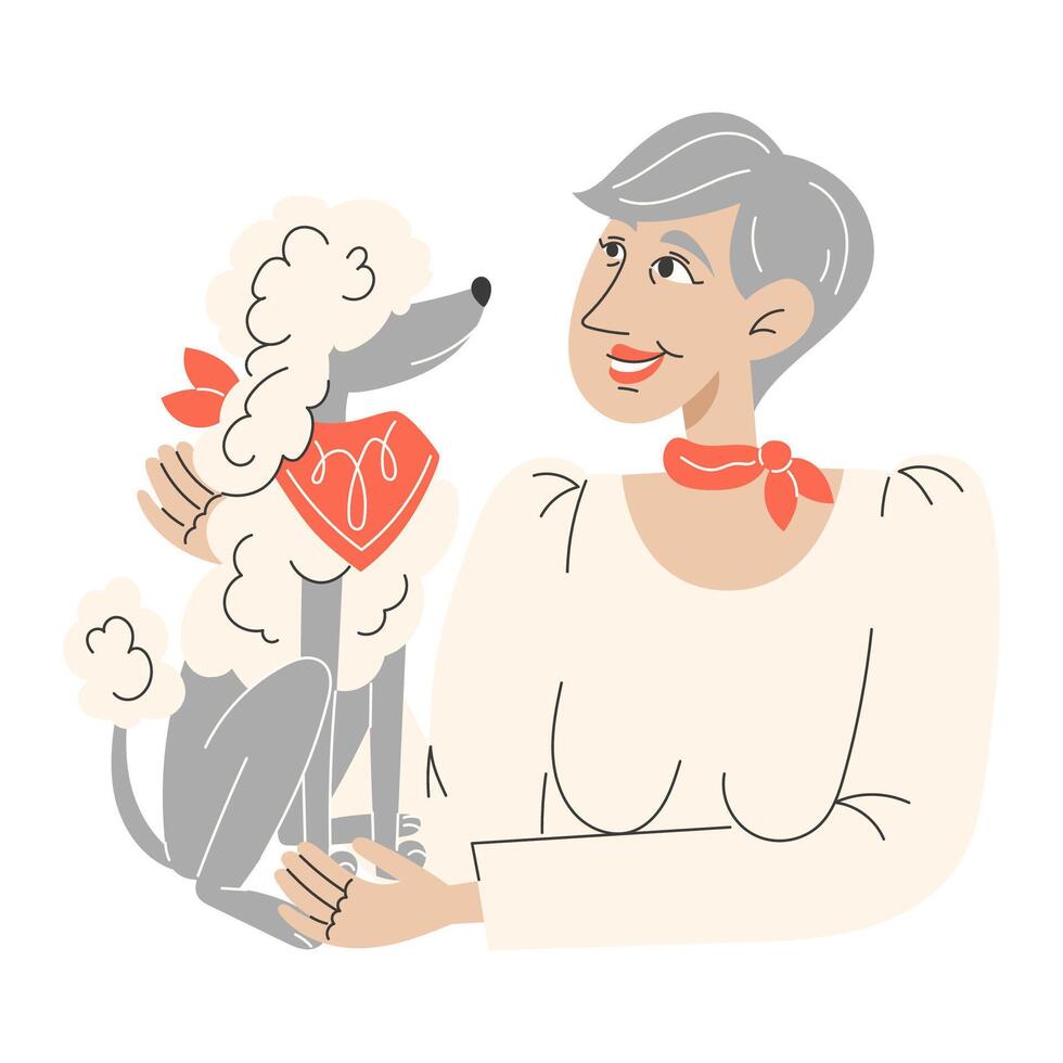 Flat Style Illustration of an Elderly Woman Hugging Her Poodle Dog in a Scarf for National Dog Day Greeting Card vector