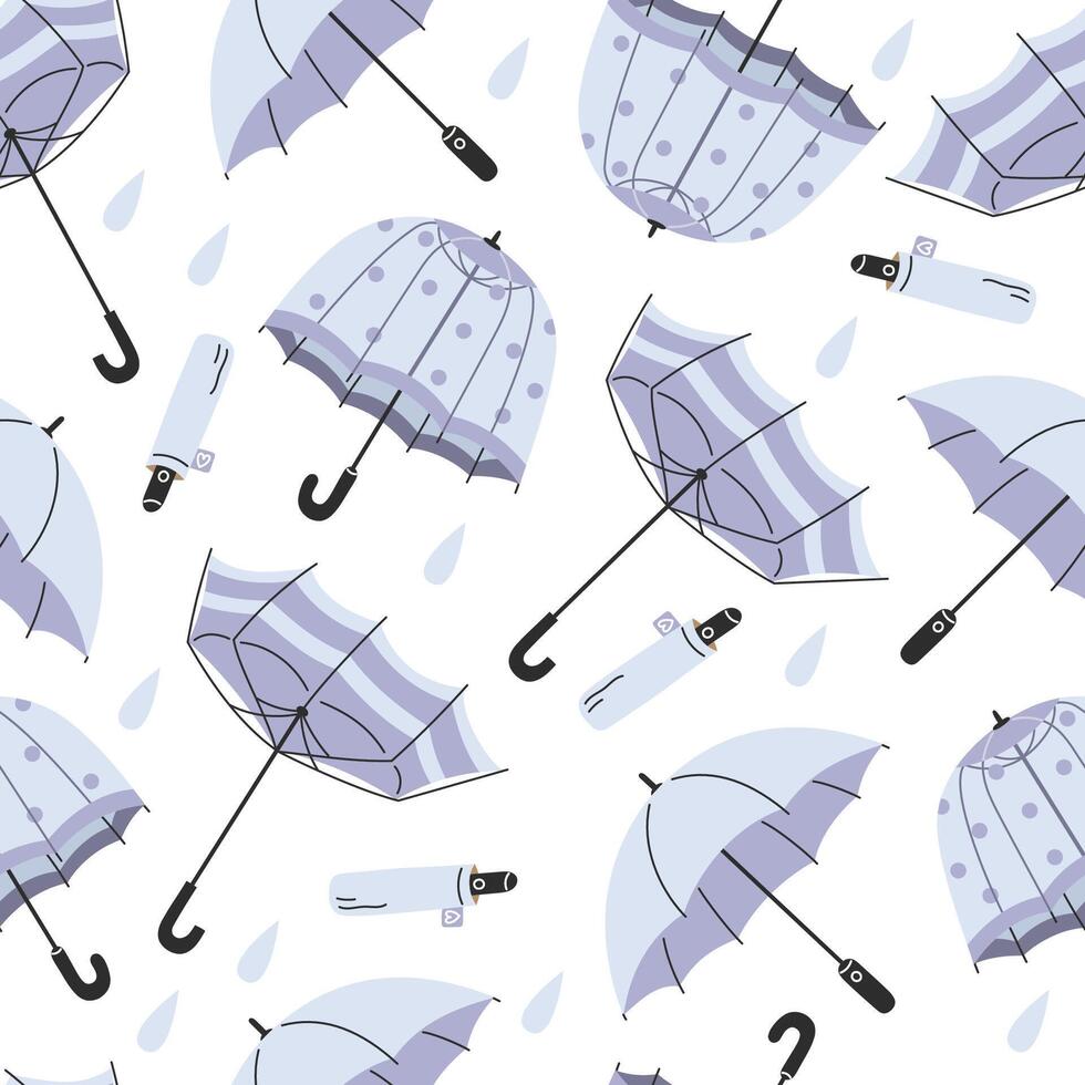 Seamless Pattern of Blue Umbrellas with Raindrops in Flat Style on White Background vector