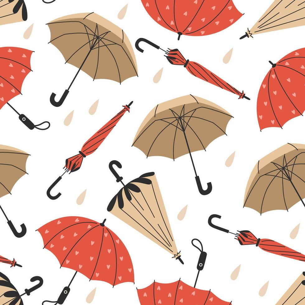 Seamless Pattern of Red and Beige Umbrellas with Raindrops in Flat Style on White Background vector