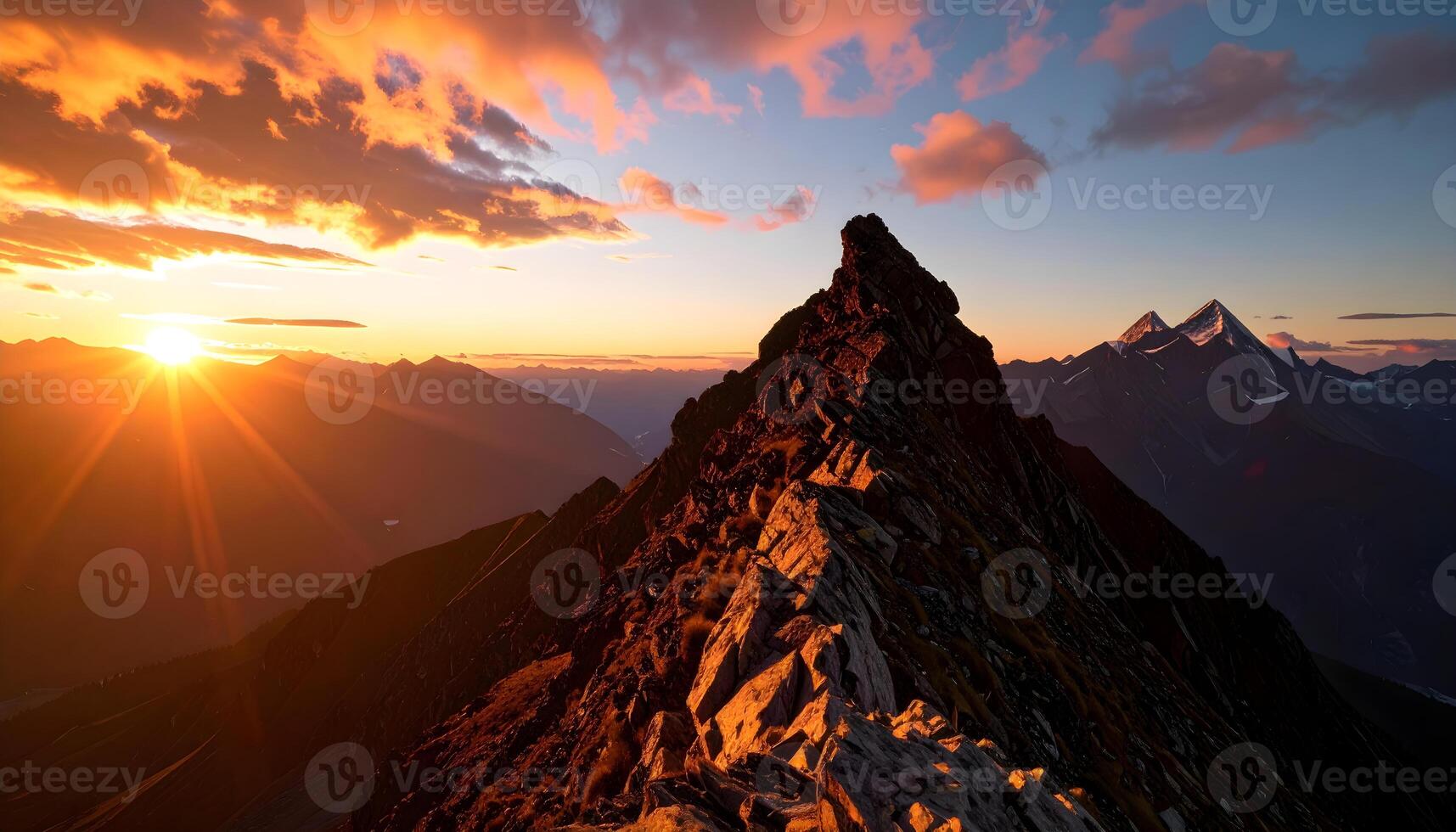 Majestic mountain peaks glowing under golden sunset light with dramatic sky and breathtaking scenery photo