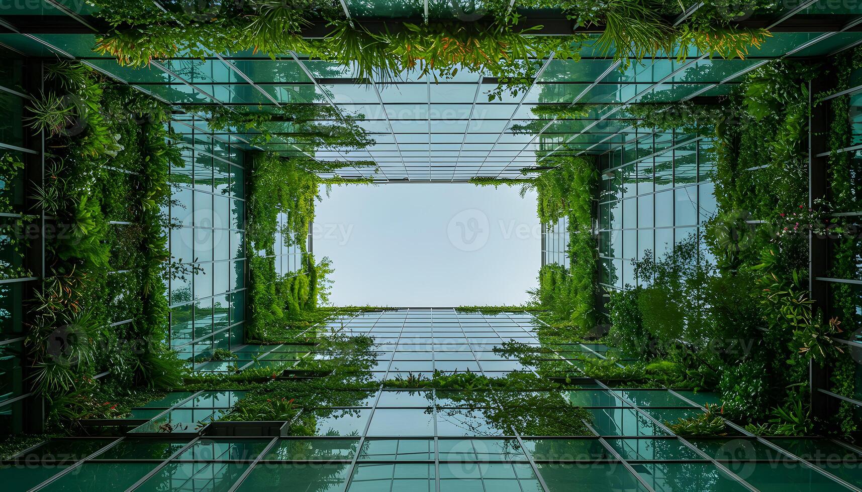 Tall glass building with green vertical garden viewed from below against a bright blue sky photo