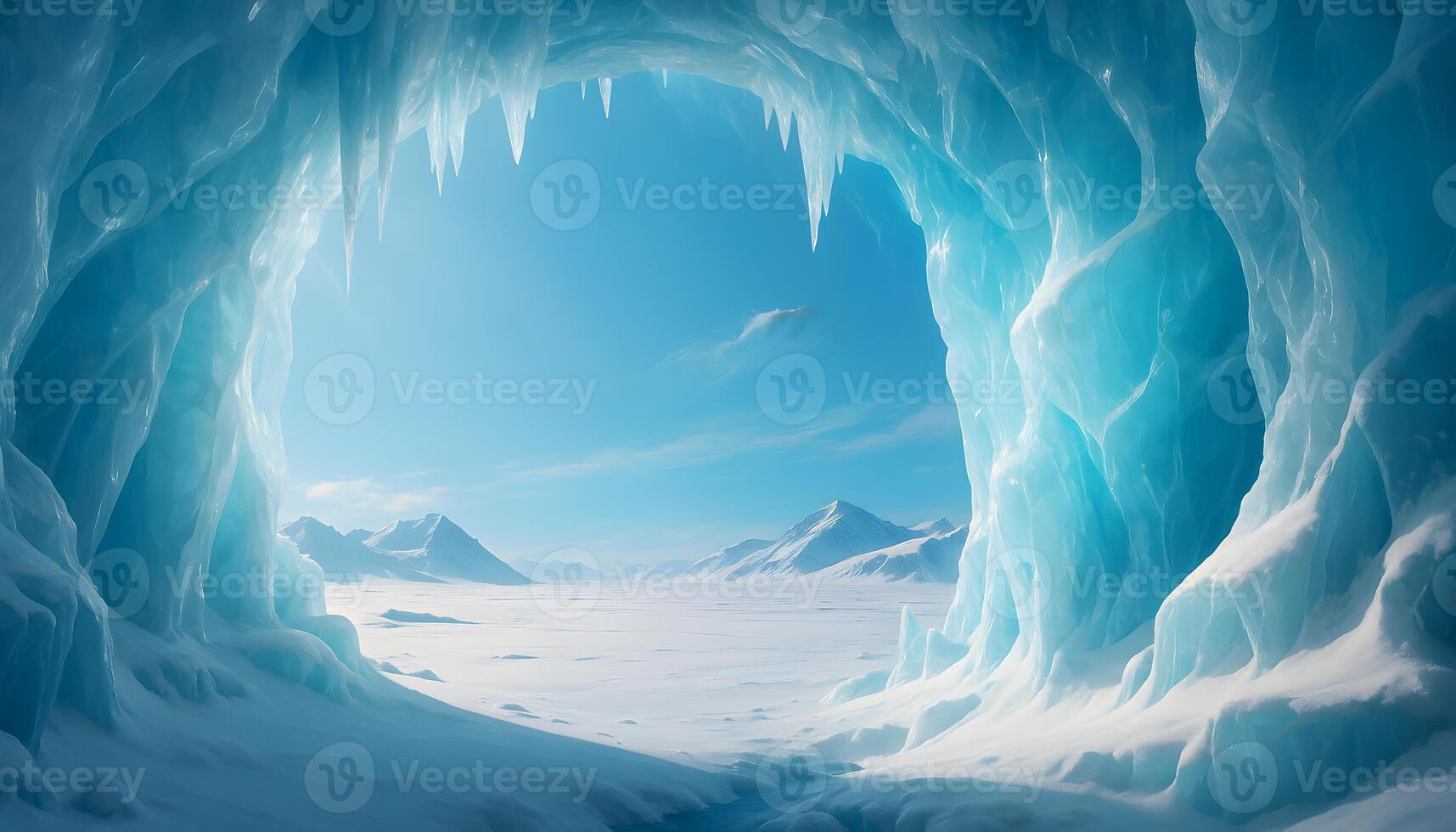 Stunning ice cave with translucent blue walls and towering icy formations illuminated by sunlight photo