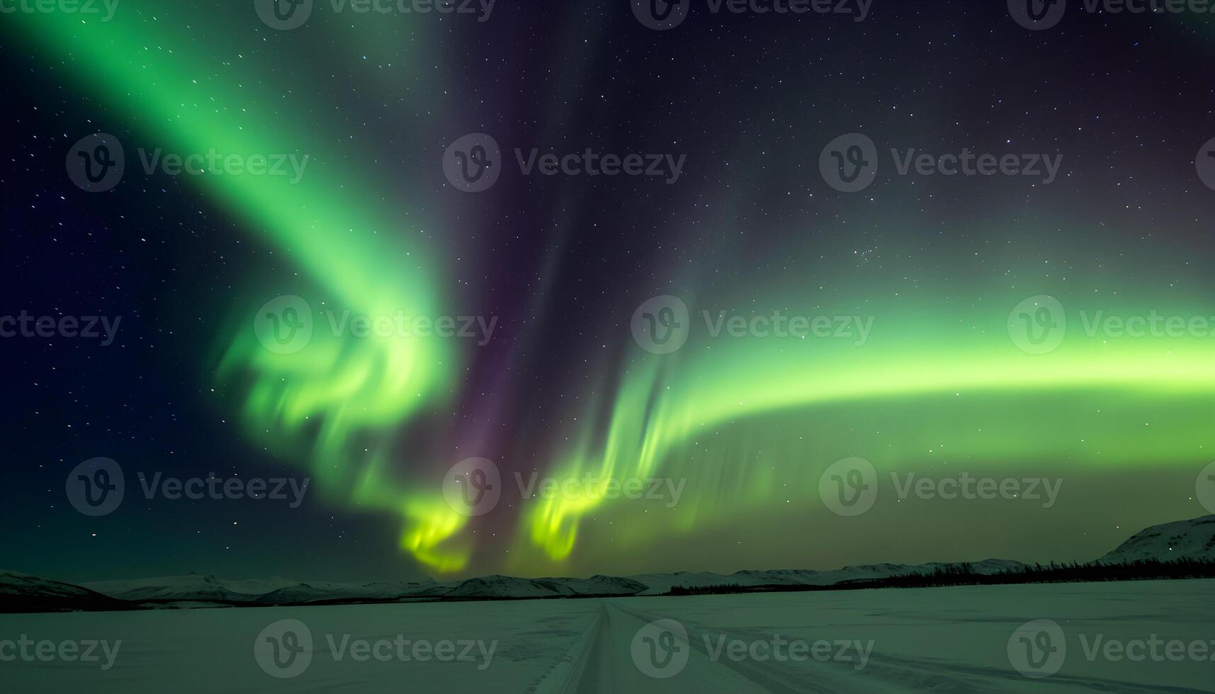 Vibrant aurora borealis glowing over a vast Arctic landscape with snowy terrain under a starry sky photo