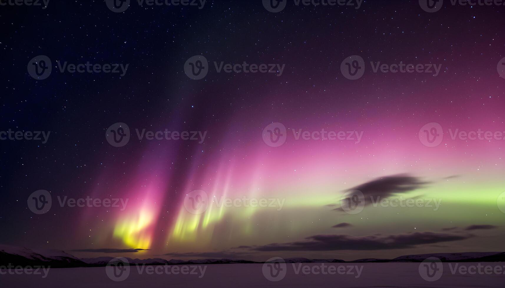 Vibrant aurora borealis with glowing purple and green waves over a snowy Arctic landscape photo