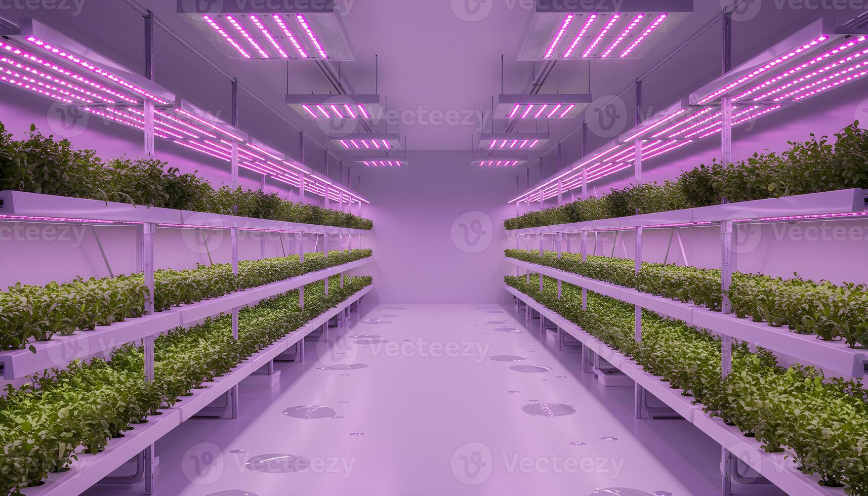 High tech vertical farming facility illuminated by vivid grow lights with symmetrical racks of lush green crops photo