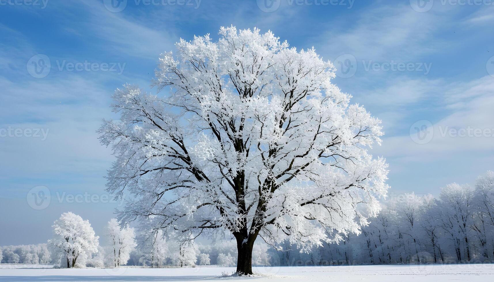 Large frost covered tree standing in a snowy winter landscape under a bright blue sky photo