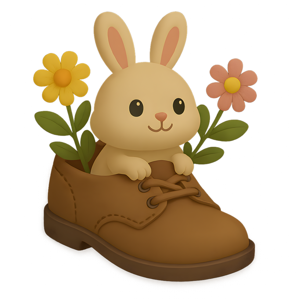 3d render of a cute rabbit in a shoe with flowers transparent background whimsical design playful environment png