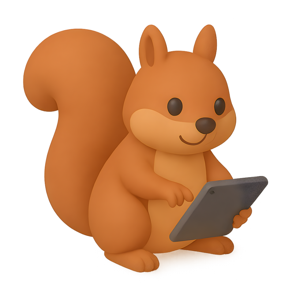 Interactive 3d render of a squirrel with a tablet transparent background playful environment whimsical viewpoint png
