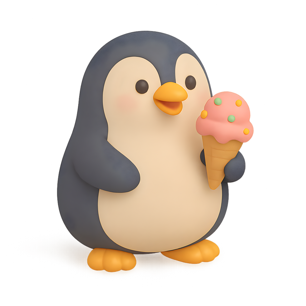 Cute penguin holding ice cream 3d render with transparent background whimsical style playful environment png