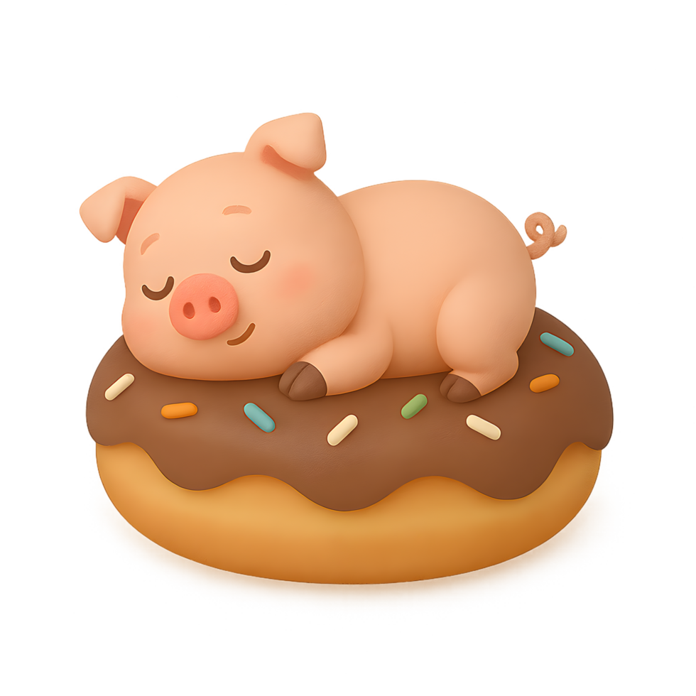 Cute 3d render of a sleeping pig on a donut whimsical setting transparent background for fun illustrations png
