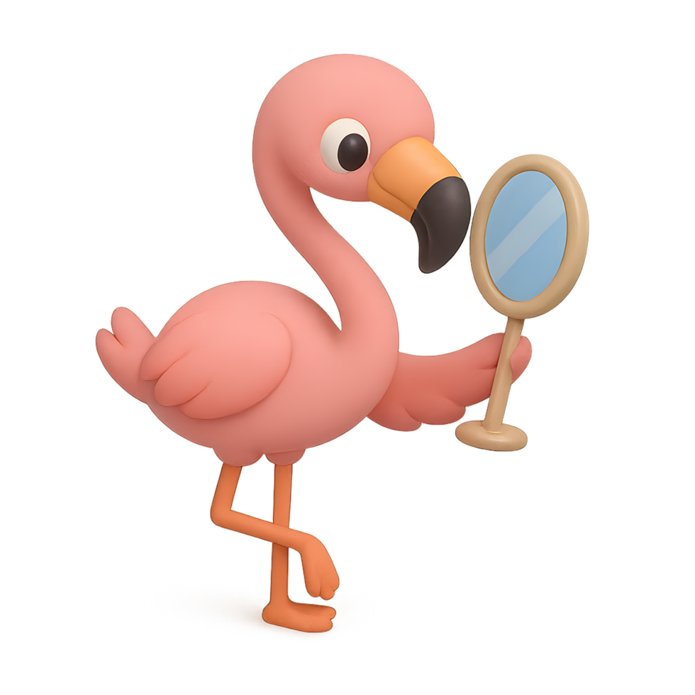 Playful flamingo reflecting on mirror 3d render with transparent background fun animation style tropical environment png