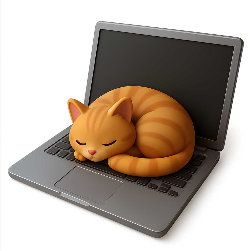 3d render of a relaxed cat on a laptop with transparent background in a cozy environment png