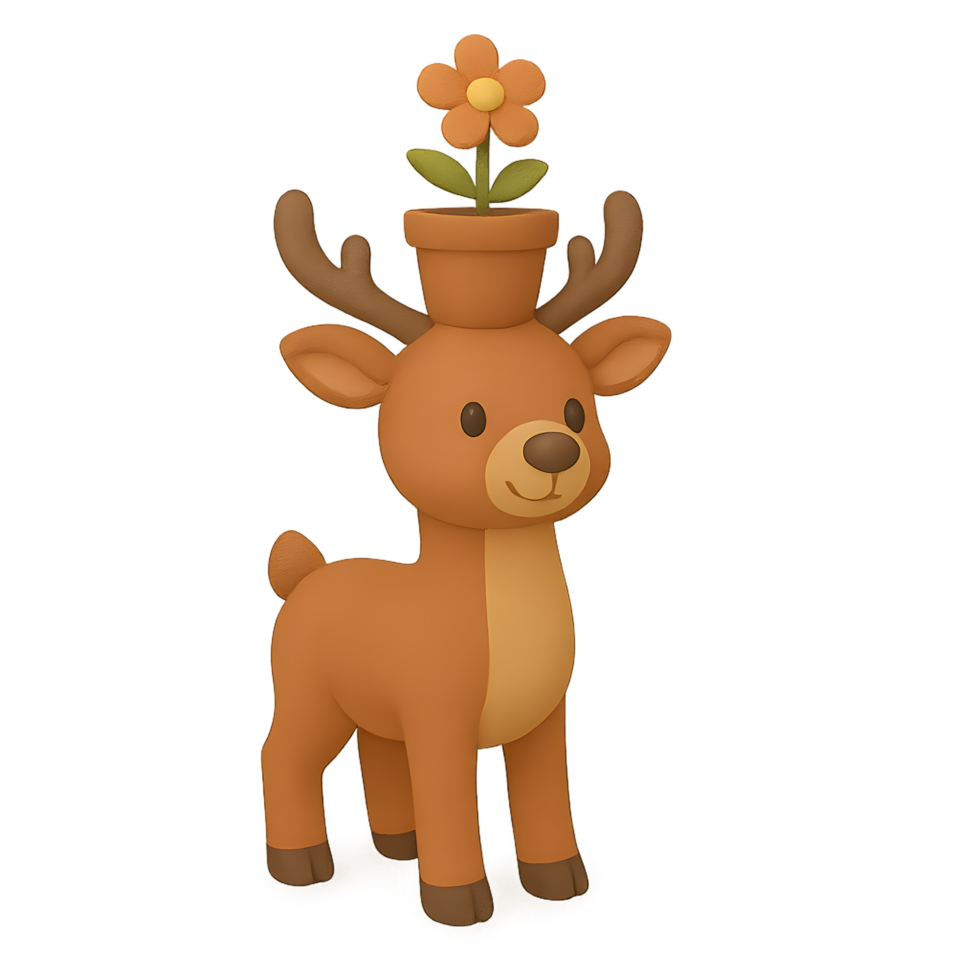 3d render of a cheerful deer with flower pot transparent background playful design whimsical environment creative art png