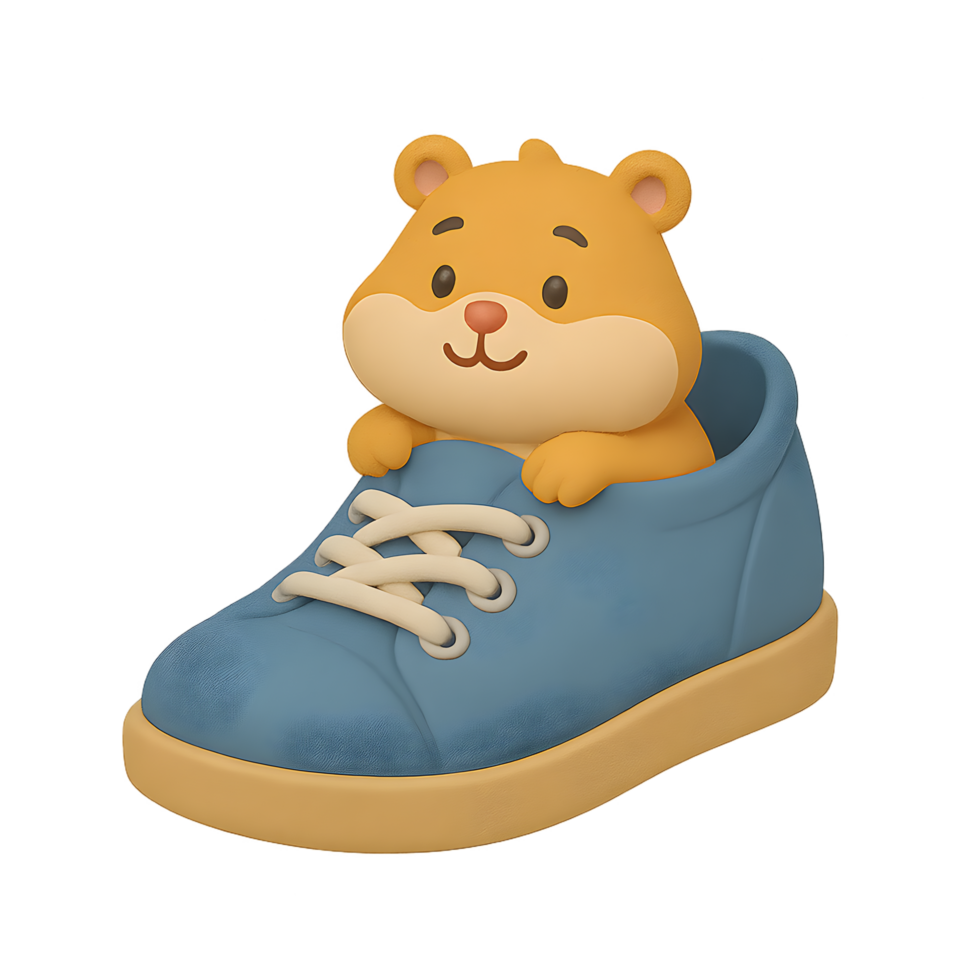 3d render of a cute animal in a shoe transparent background whimsical art playful environment fun perspective png