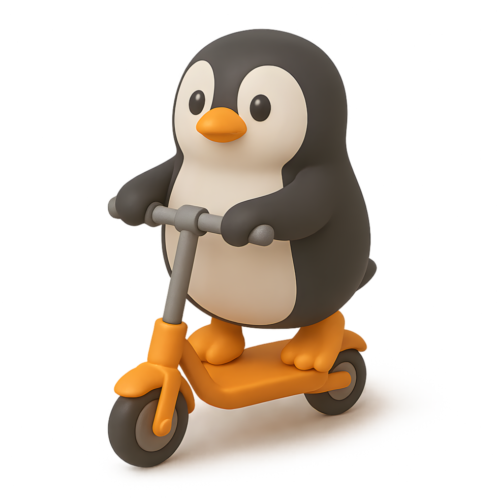 3d render of a penguin riding a scooter in a transparent background fun animal scene for kids content png