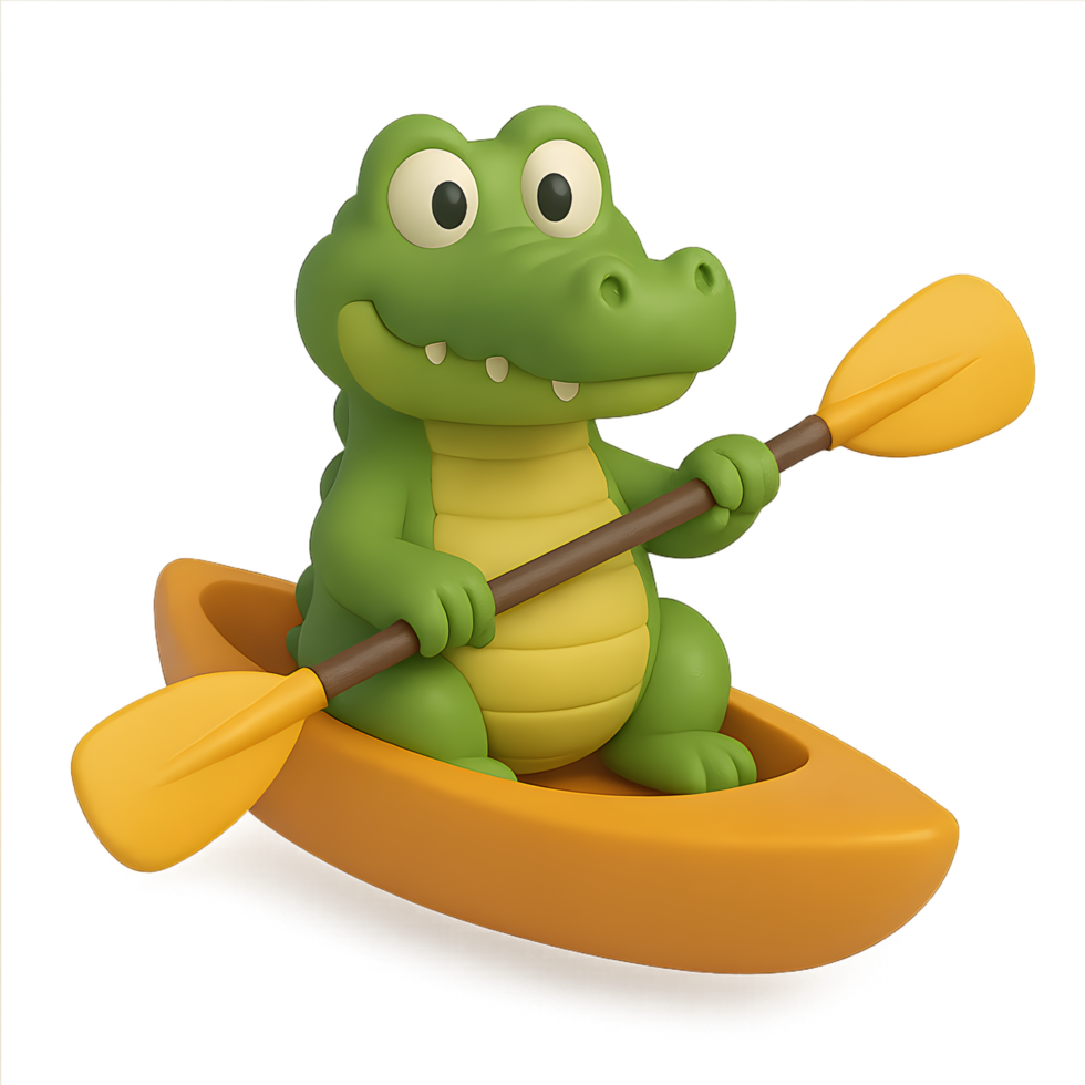 Crocodile kayaking adventure 3d render transparent background fun environment playful viewpoint vibrant concept png