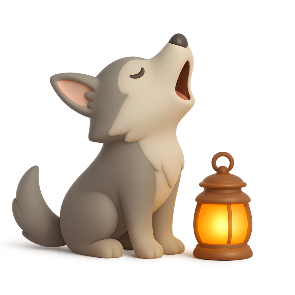 Howling wolf 3d render with lantern transparent background playful night scene cozy environment whimsical viewpoint png
