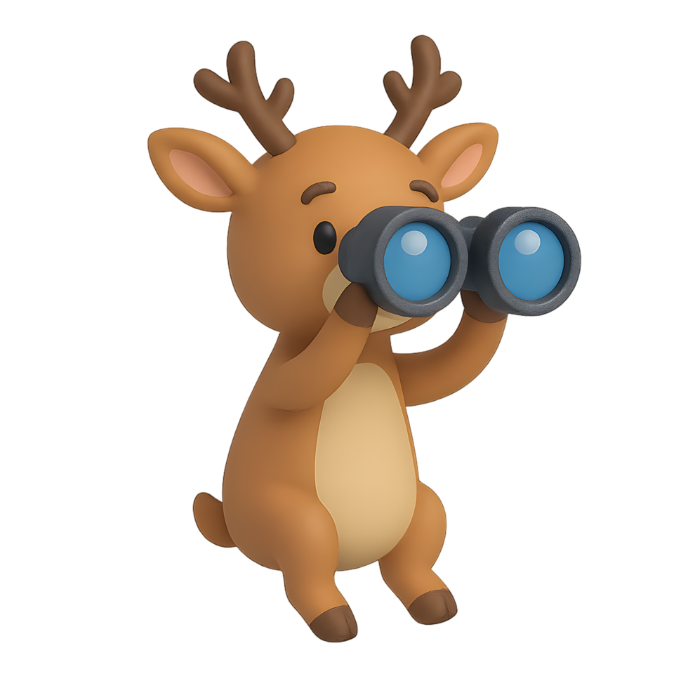 Curious deer with binoculars 3d render transparent background nature environment whimsical viewpoint png