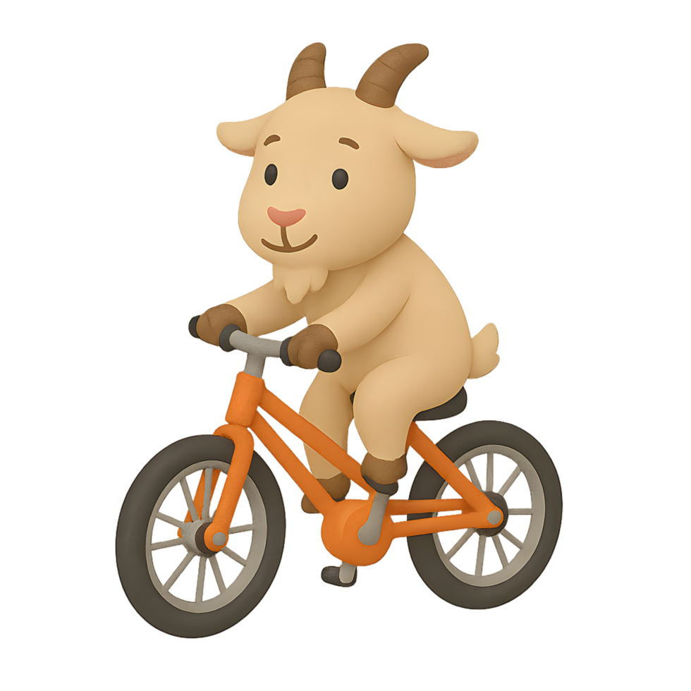 3d render of goat riding bicycle transparent background fun cartoon style whimsical environment playful viewpoint png