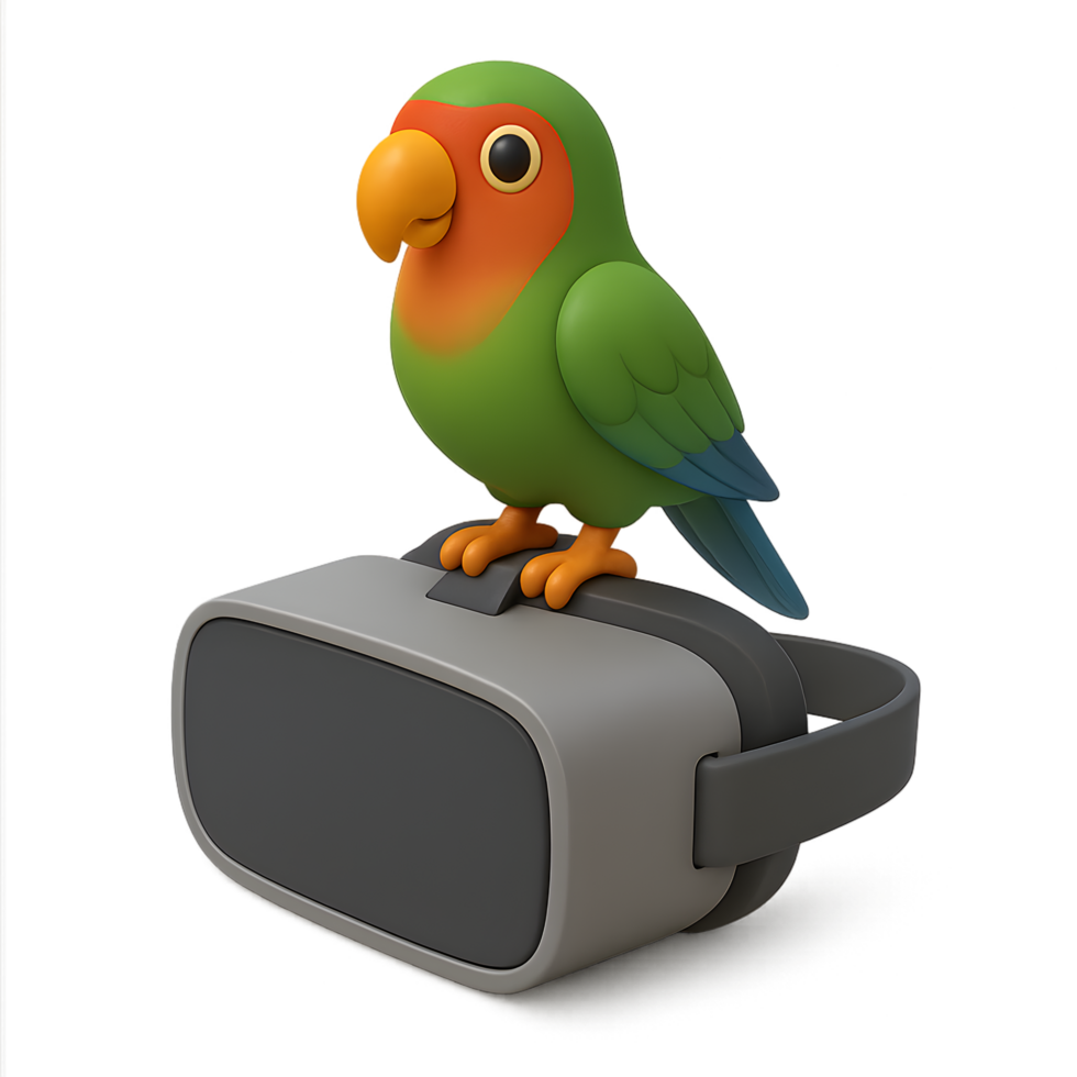 3d render of colorful parrot on vr headset transparent background digital art environment playful concept png