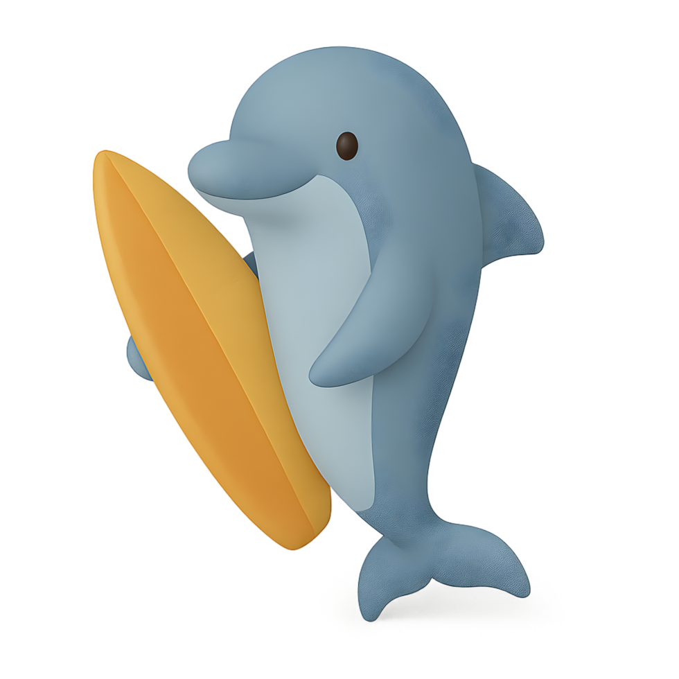 Surfing dolphin 3d render with transparent background fun animal concept in a playful environment png