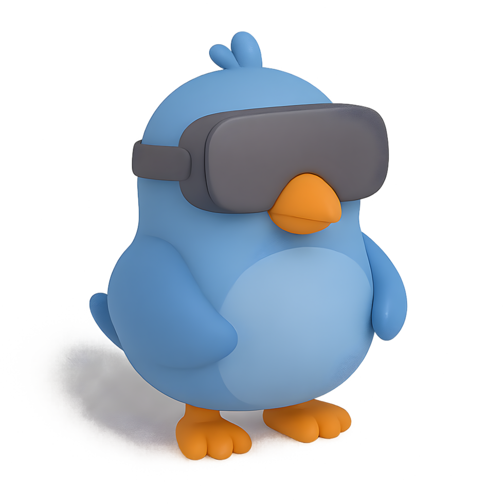 3d render of a blue bird with vr glasses transparent background fun and playful environment whimsical viewpoint png