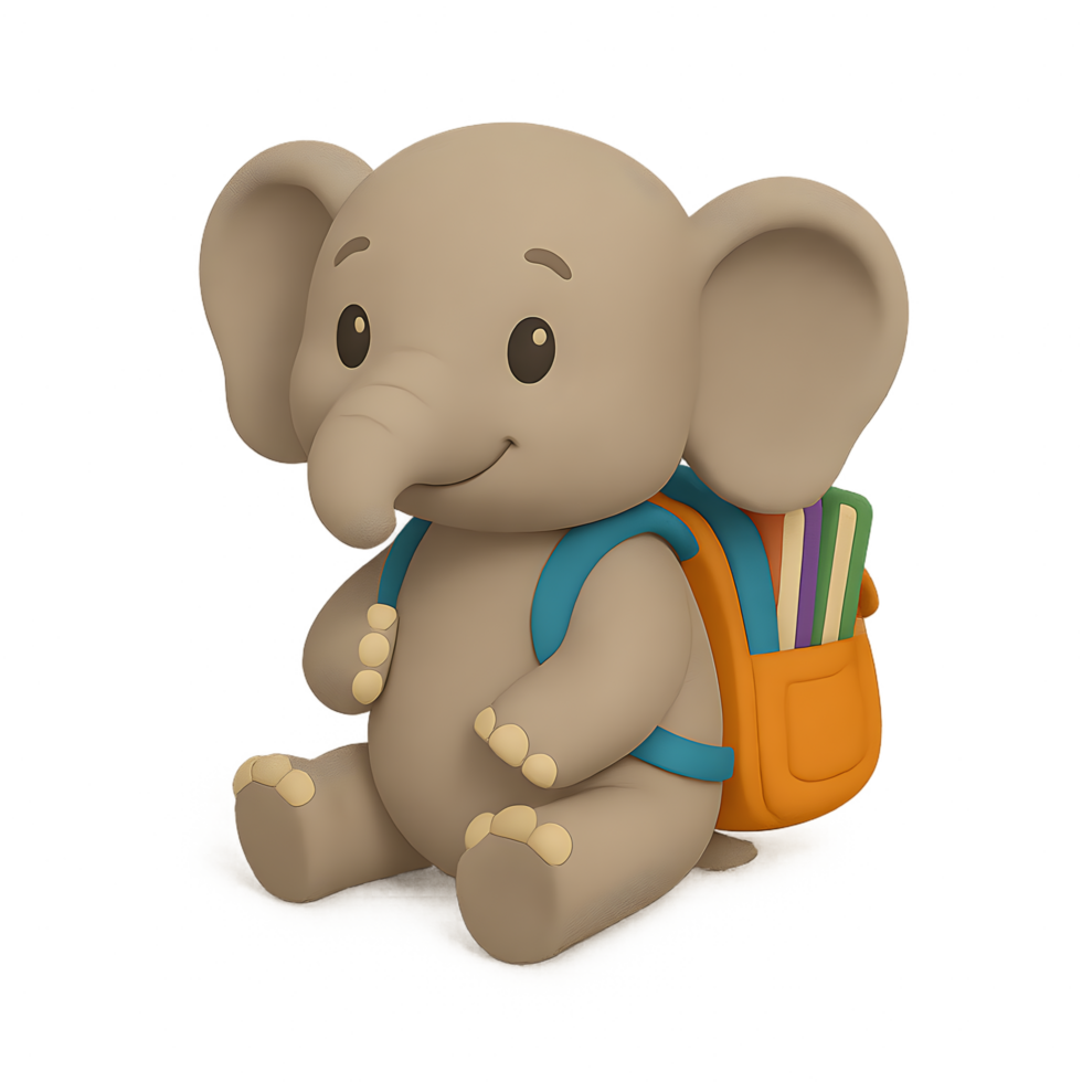 Adventurous baby elephant with backpack books transparent background playful environment whimsical viewpoint png