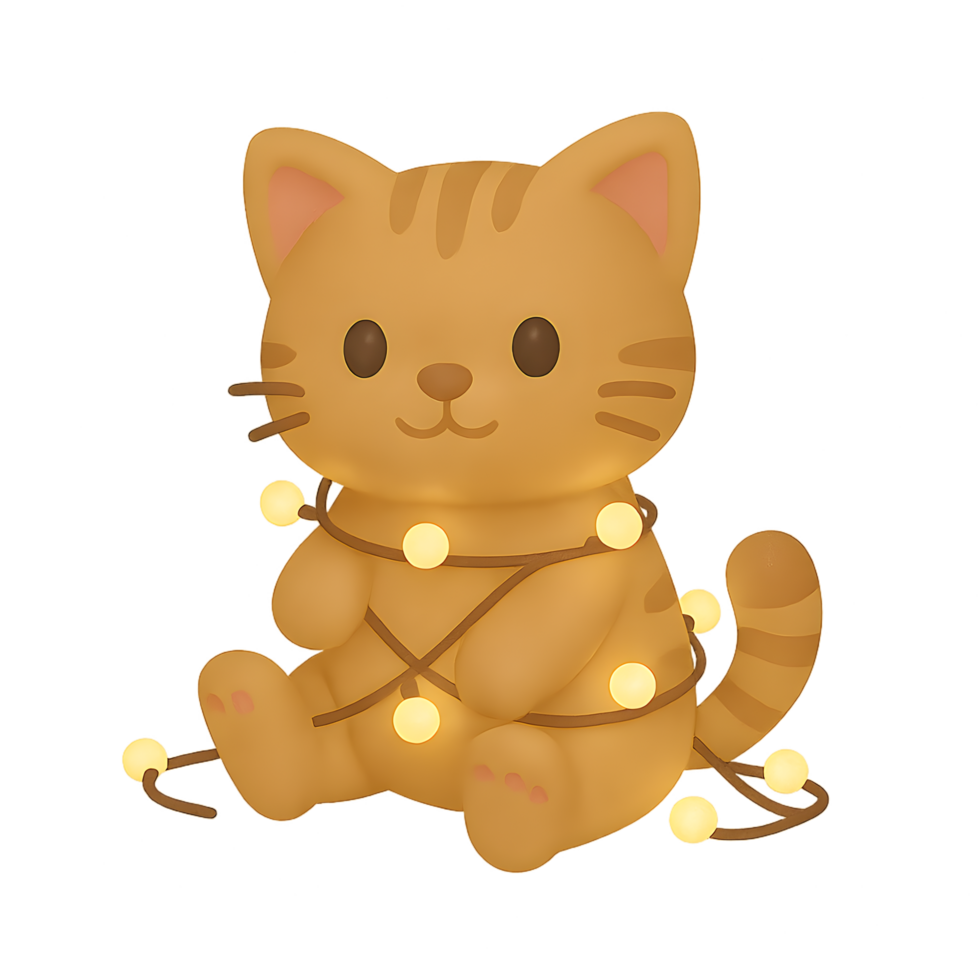 Playful cat with lights 3d render transparent background indoor setting whimsical concept png