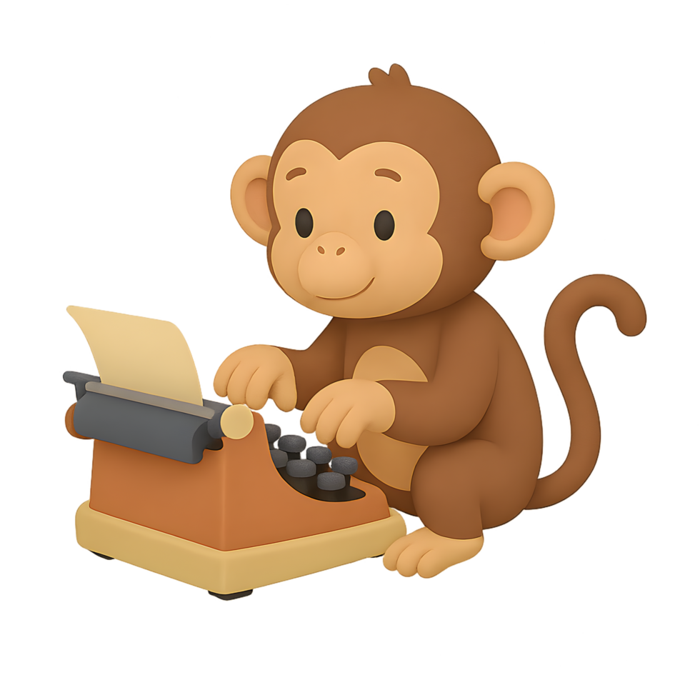 Playful monkey typist 3d render transparent background animated scene fun environment whimsical concept png