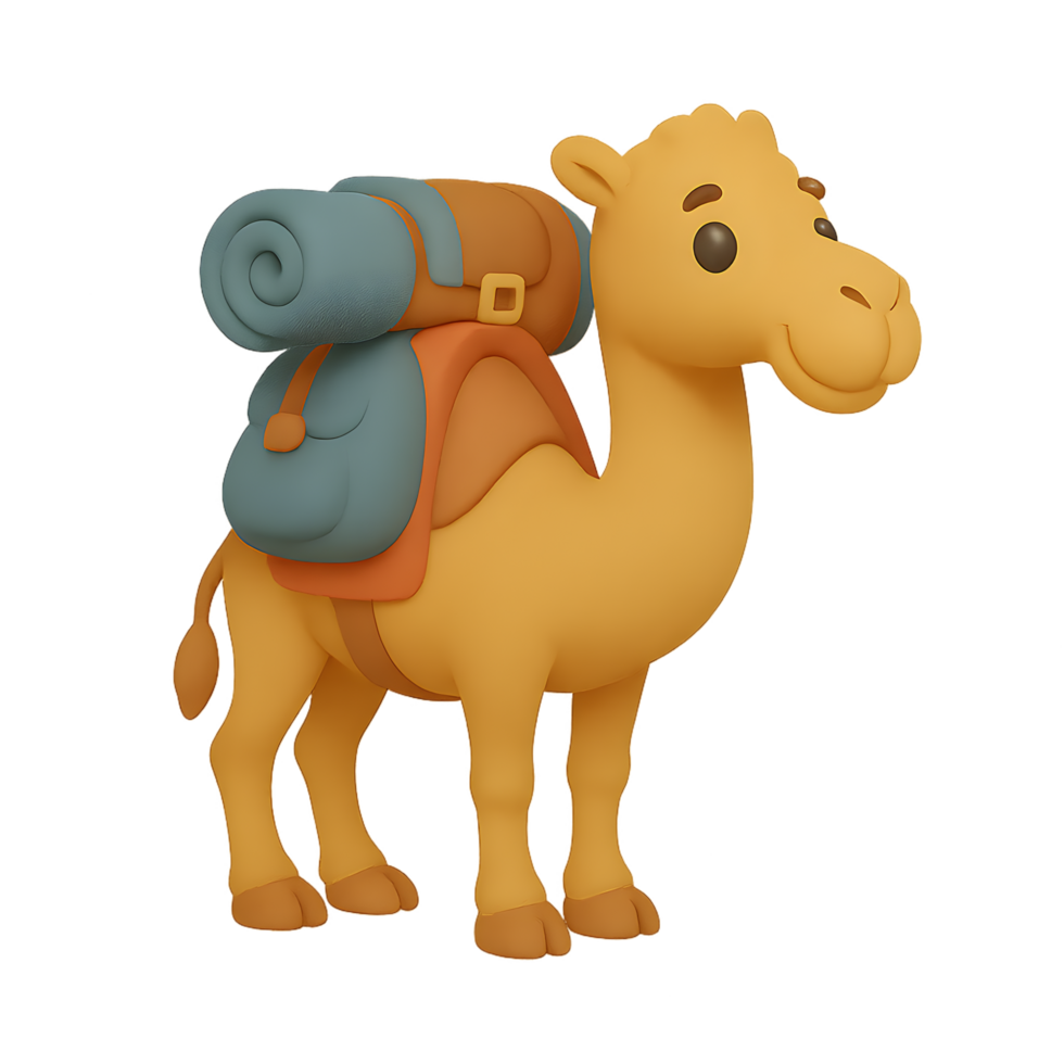 3d render of a playful camel with backpack transparent background travel adventure cartoon style whimsical environment png